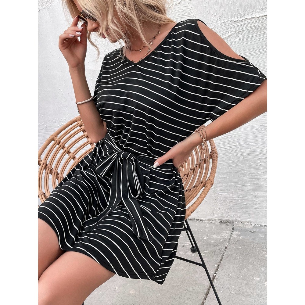 preppy Cold Shoulder Striped Belted Dress black white - Picture 9 of 10
